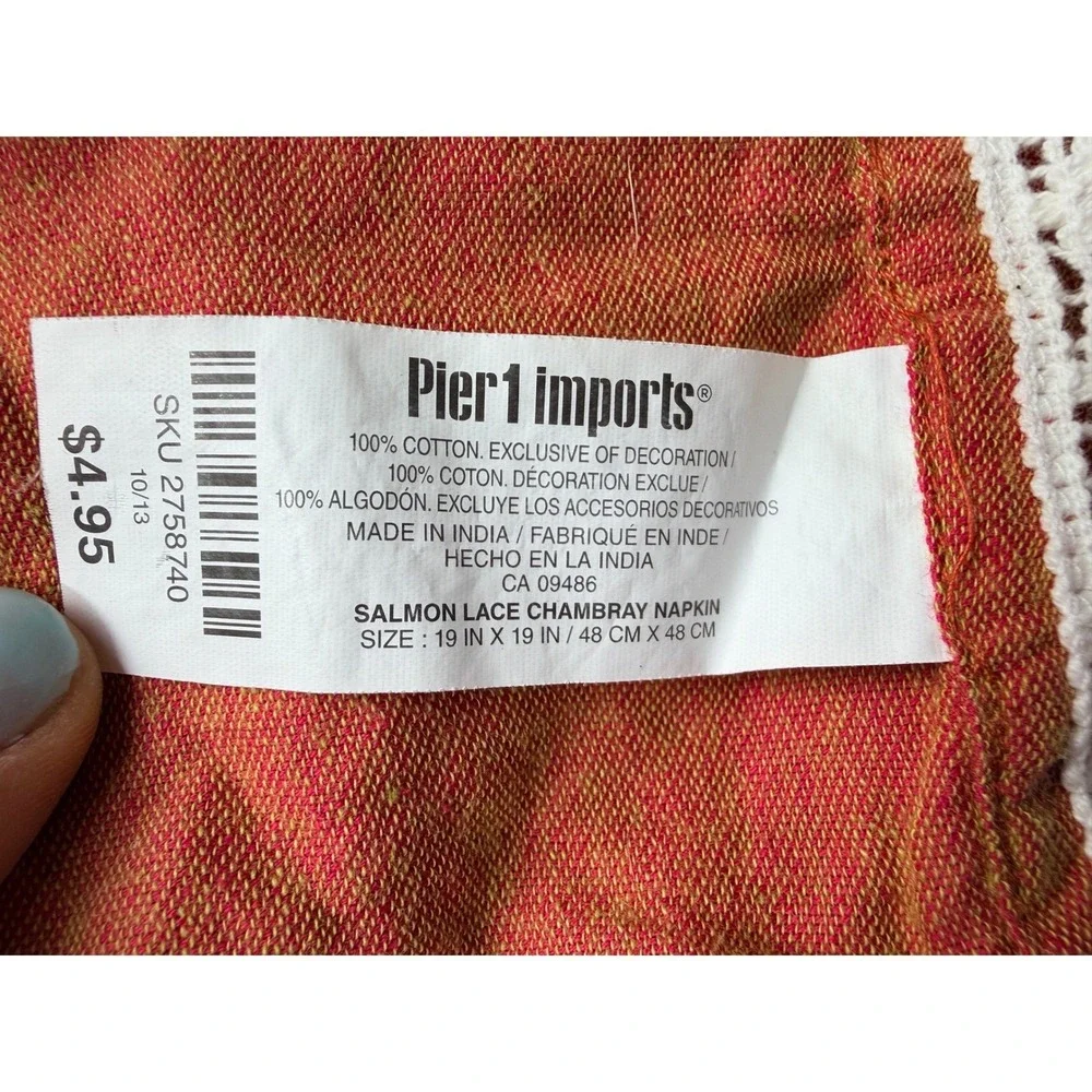 Pier 1 Imports Salmon Lace Chambray‎ Napkins Set of 22 Orange Cotton Crochet